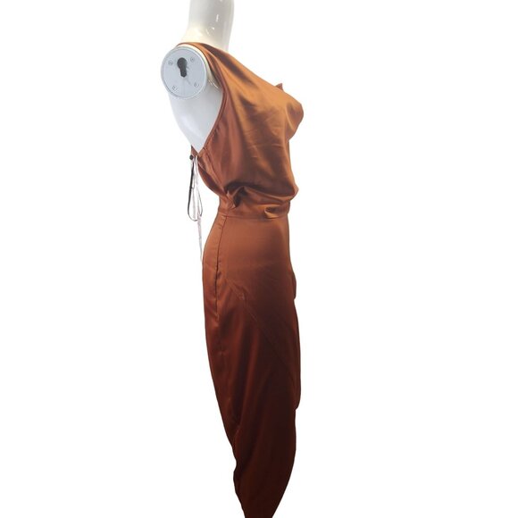 Missguided Rust Asymmetrical Strap Drape Satin Midi Dress Size 2 NWT - Picture 7 of 16